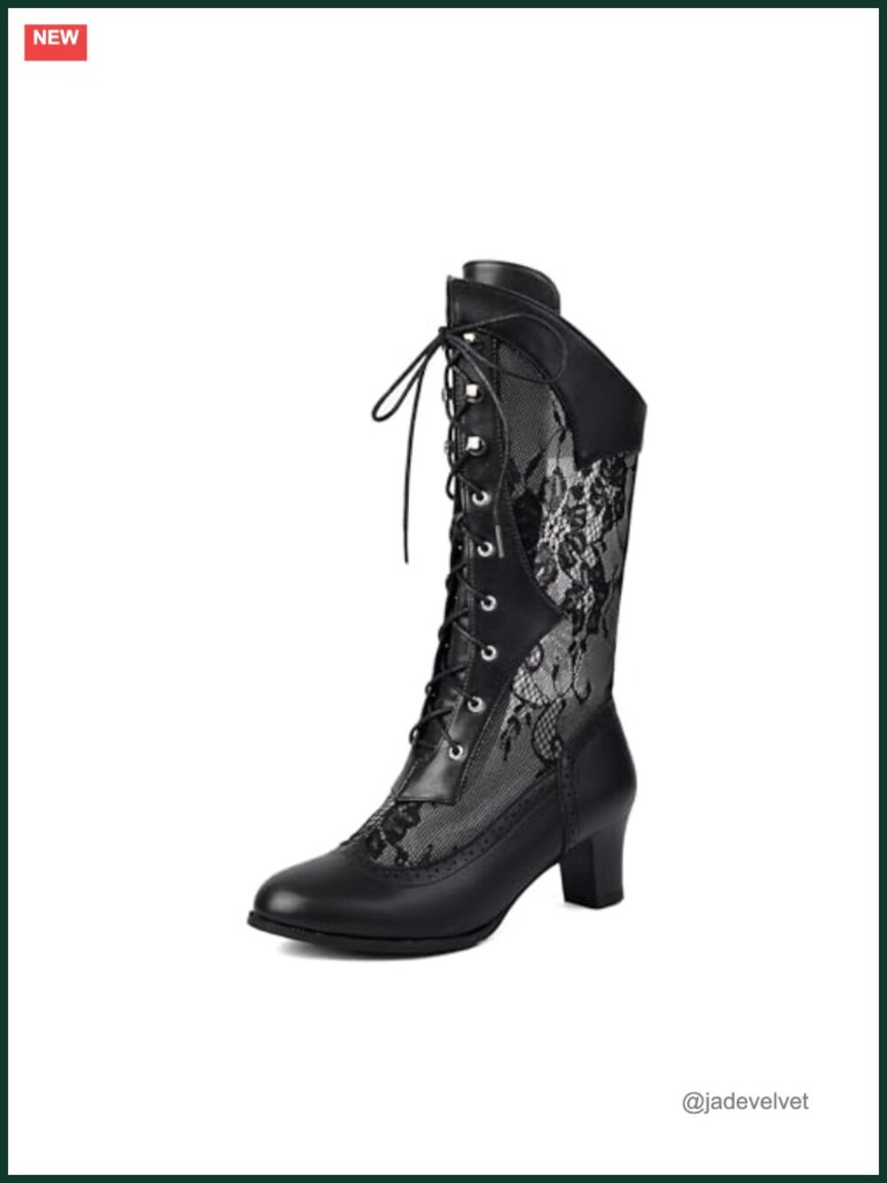 Victorian Gothic Mid-Calf Boots Faux Leather Lace Fishnet Chunky Heel Cosplay